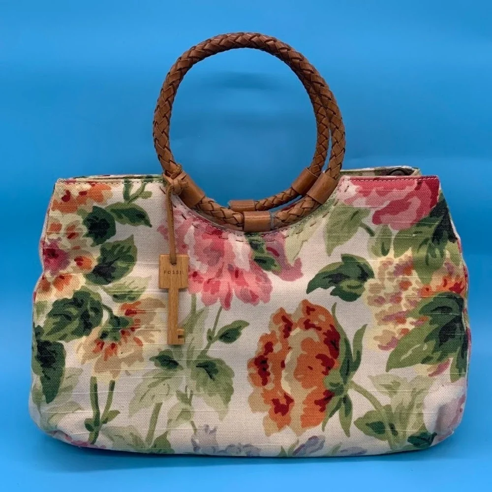 Fossil‎ Floral Print Canvas Satchel Bag Purse Woven Round Double Handle